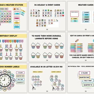 May include: A collection of printable educational materials, including a calendar, weather cards, holiday cards, birthday display, clock labels, and labels. The materials are designed for use in a classroom or home setting. The text includes "Calendar & Weather Station" and "Birthday Display".
