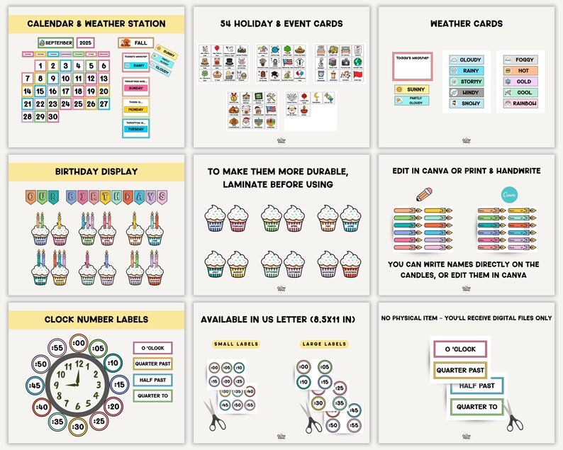 May include: A collection of printable educational materials, including a calendar, weather cards, holiday cards, birthday display, clock labels, and labels. The materials are designed for use in a classroom or home setting. The text includes "Calendar & Weather Station" and "Birthday Display".