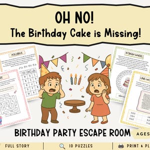 Puede incluir: Juego de escape ilustrado para una fiesta de cumpleaños con el texto "OH NO! The Birthday Cake is Missing!" con un niño y una niña en estado de shock. Incluye rompecabezas, un laberinto y el texto "AGES 9+".