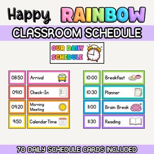 Classroom Schedule Cards Rainbow | 70 Daily Routine Cards | Editable Canva Timetable | Visual Schedule for Preschool & Kindergarten