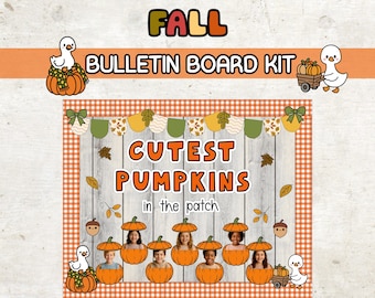 May include: A seasonal bulletin board kit with the word "FALL" in colourful letters. The kit features the text "CUTEST PUMPKINS in the patch" and images of pumpkins, leaves, and cartoon ducks. The background has a wood-like texture.