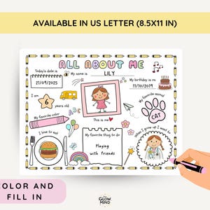 May include: A printable "All About Me" worksheet with a pink border, featuring fill-in sections for personal details, favorite things, and aspirations. Includes the text "COLOR AND FILL IN" and "AVAILABLE IN US LETTER (8.5X11 IN)."