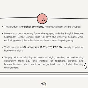 May include: A digital download with text about a Playful Rainbow Classroom Decor Bundle. The text includes information about the product, including the US Letter size (8.5" x 11") PDF file, and the benefits of the product.