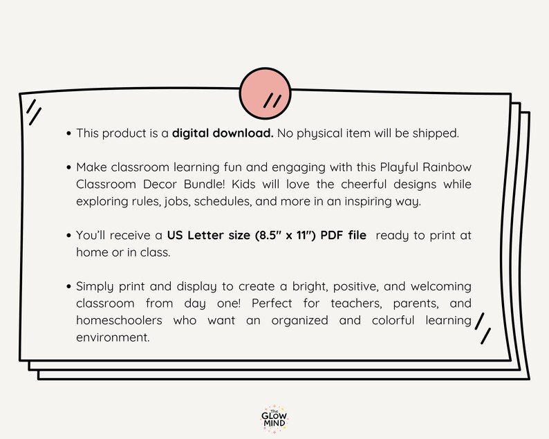 May include: A digital download with text about a Playful Rainbow Classroom Decor Bundle. The text includes information about the product, including the US Letter size (8.5" x 11") PDF file, and the benefits of the product.
