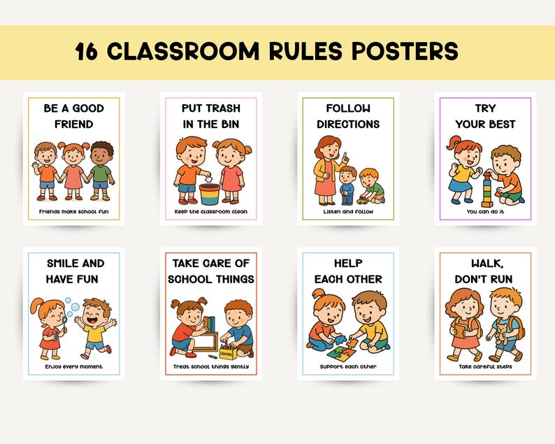 Puede incluir: Un conjunto de 16 carteles de reglas para el aula con ilustraciones coloridas y texto. Cada cartel presenta una regla diferente, como "S&eacute; un buen amigo" y "Sigue las instrucciones", con im&aacute;genes de ni&ntilde;os.