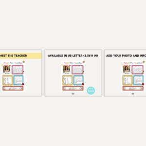 May include: Three white framed templates with the text "MEET THE TEACHER", "AVAILABLE IN US LETTER (8.5X11 IN)", and "ADD YOUR PHOTO AND INFORMATION". Each template has a photo, colorful boxes, and the Canva logo.