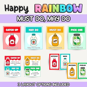 Könnte beinhalten: Eine Sammlung farbenfroher Karten mit Illustrationen zum Thema Essen und Text. Die Karten zeigen Bilder von Ketchup, Mayonnaise, Senf und Essiggurken mit Sätzen wie "Catch Up", "May Do" und "Must Do". Der Text "Happy Rainbow" steht oben.