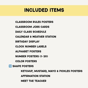 May include: A list of included items for a classroom, with the title "INCLUDED ITEMS" in bold black font on a yellow background. The list includes posters, cards, and schedules, such as "Classroom Rules Posters" and "Daily Class Schedule."