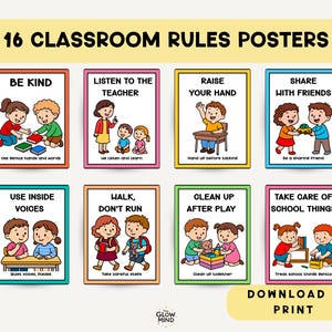 Reglerposters för klassrummet, ljusa och positiva beteendediagram, färgglad klassrumsdekor, lärarresurser utskrivbar PDF