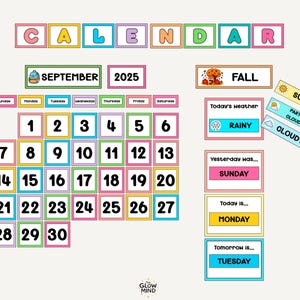 May include: A colorful, educational calendar for September 2025, featuring days of the week, weather indicators, and a 'Fall' theme. Includes 'Today is Monday' and 'Tomorrow is Tuesday' labels. The calendar is designed with a playful, child-friendly aesthetic.