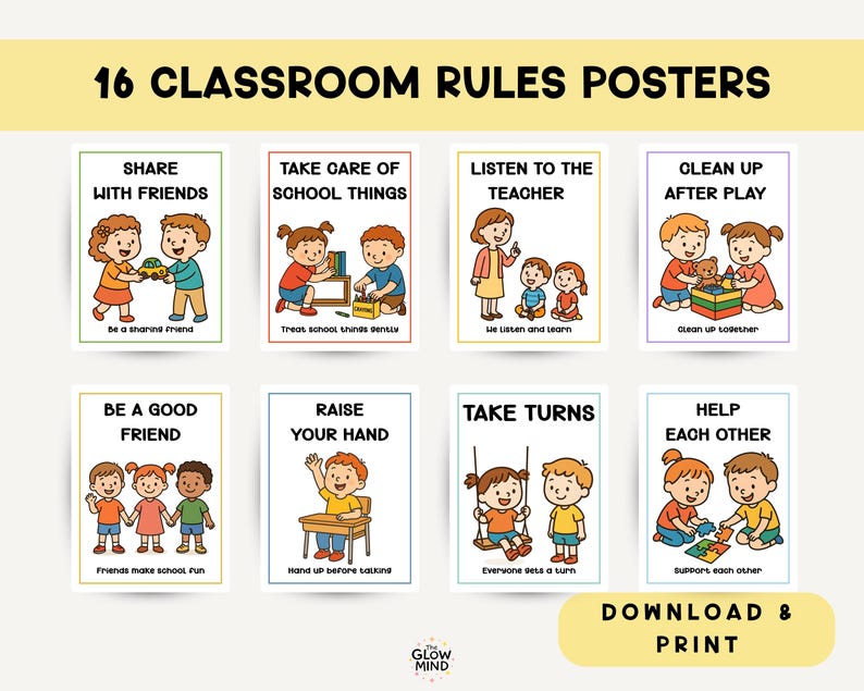 Puede incluir: Un conjunto de 16 carteles de reglas para el aula con ilustraciones coloridas y texto. Cada cartel presenta una regla diferente, como "Compartir con amigos" y "Turnarse". Los carteles est&aacute;n dise&ntilde;ados para descargar e imprimir.