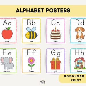 May include: Educational alphabet posters with illustrations of an apple, bee, cake, dog, elephant, flower, gift, and house. Each card shows a letter and a related word. The text "ALPHABET POSTERS" is at the top. Download and print.
