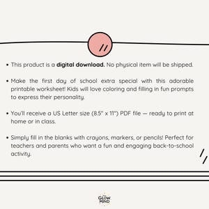 May include: A digital download document with text on a white background. The text includes information about a printable worksheet for kids, US Letter size (8.5" x 11") PDF file, and instructions to fill in the blanks with crayons, markers, or pencils.