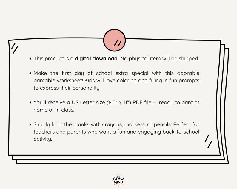May include: A digital download document with text on a white background. The text includes information about a printable worksheet for kids, US Letter size (8.5" x 11") PDF file, and instructions to fill in the blanks with crayons, markers, or pencils.
