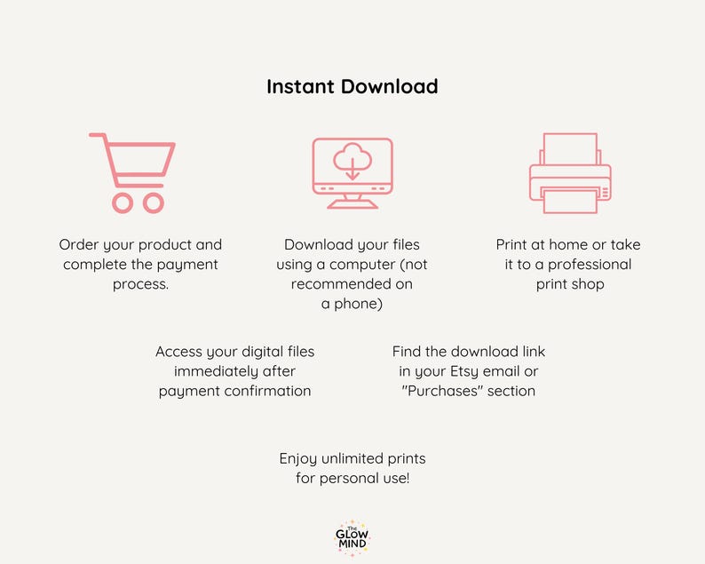 May include: A light beige graphic with pink icons and text explaining how to download and print digital files. The text includes instructions on ordering, downloading, and printing, with a call to enjoy unlimited prints for personal use.