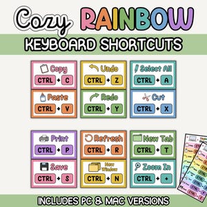 Könnte beinhalten: Eine digitale Grafik mit dem Titel Cozy RAINBOW KEYBOARD SHORTCUTS, die bunte rechteckige Karten mit Symbolen und Text für Befehle wie Kopieren, Einfügen, Drucken, Speichern, Rückgängig, Wiederholen, Alles auswählen und Zoomen für PC und Mac zeigt.