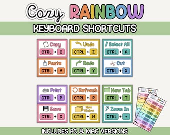 Keyboard Shortcuts Posters for Classroom, PC & Mac Computer Shortcut Posters, Technology Classroom Decor, Cozy Rainbow, Bonus Bookmarks