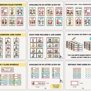 May include: A collection of printable classroom resources, including rules posters, job cards, daily schedules, and time cards. The posters and cards feature colorful illustrations and text, designed for educational use. The resources are available in US Letter size.