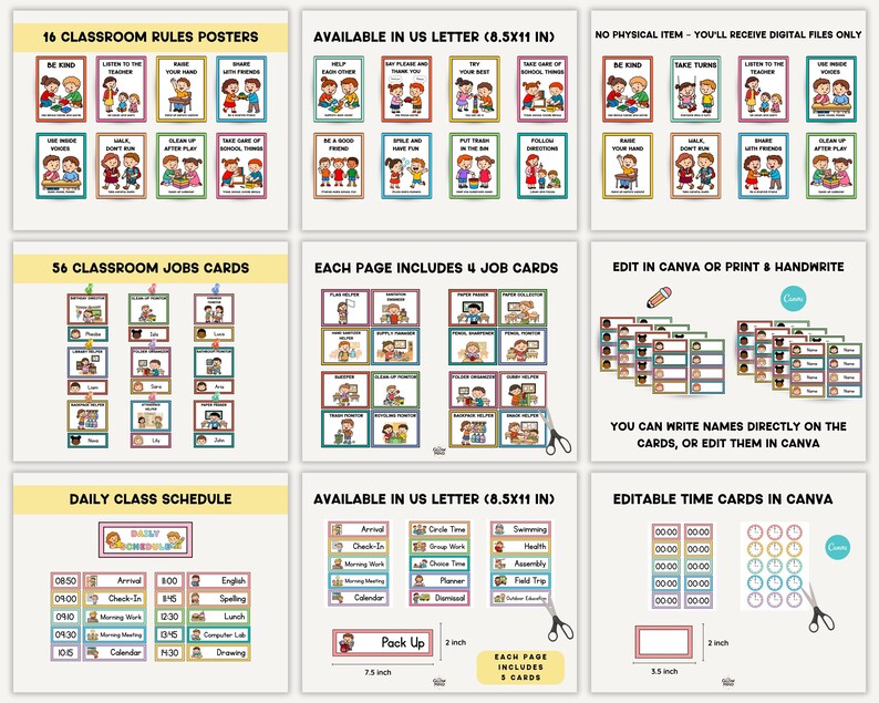 May include: A collection of printable classroom resources, including rules posters, job cards, daily schedules, and time cards. The posters and cards feature colorful illustrations and text, designed for educational use. The resources are available in US Letter size.