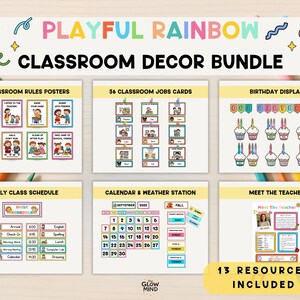 May include: A classroom decor bundle with a playful rainbow theme. The image includes posters, job cards, a birthday display, a daily class schedule, a calendar, and a "Meet the Teacher" section. The text reads "Playful Rainbow Classroom Decor Bundle".