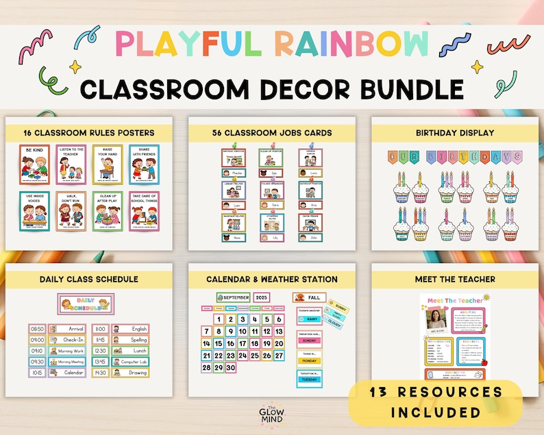 May include: A classroom decor bundle with a playful rainbow theme. The image includes posters, job cards, a birthday display, a daily class schedule, a calendar, and a "Meet the Teacher" section. The text reads "Playful Rainbow Classroom Decor Bundle".