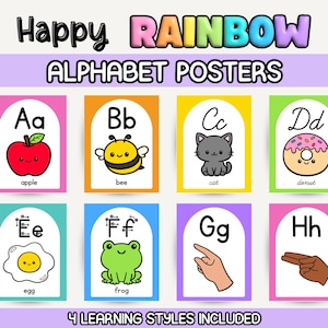 May include: A set of colorful alphabet posters with the text "Happy Rainbow Alphabet Posters." Each poster features a letter, a corresponding image, and the word for the image. Includes an apple, bee, cat, donut, egg, frog, hand, and sign language hand.