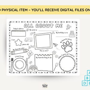May include: Black and white printable "All About Me" worksheet with prompts for self-expression. Includes spaces for a photo, favorite things, and future aspirations. The text "NO PHYSICAL ITEM - YOU'LL RECEIVE DIGITAL FILES ONLY" is at the top.