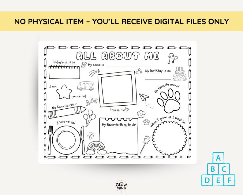 May include: Black and white printable "All About Me" worksheet with prompts for self-expression. Includes spaces for a photo, favorite things, and future aspirations. The text "NO PHYSICAL ITEM - YOU'LL RECEIVE DIGITAL FILES ONLY" is at the top.