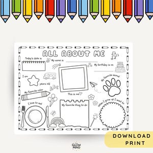 All About Me Worksheet, Back to School Activity, First Day of School Keepsake, Preschool & Kindergarten Activity, Kindergarten, Homeschool