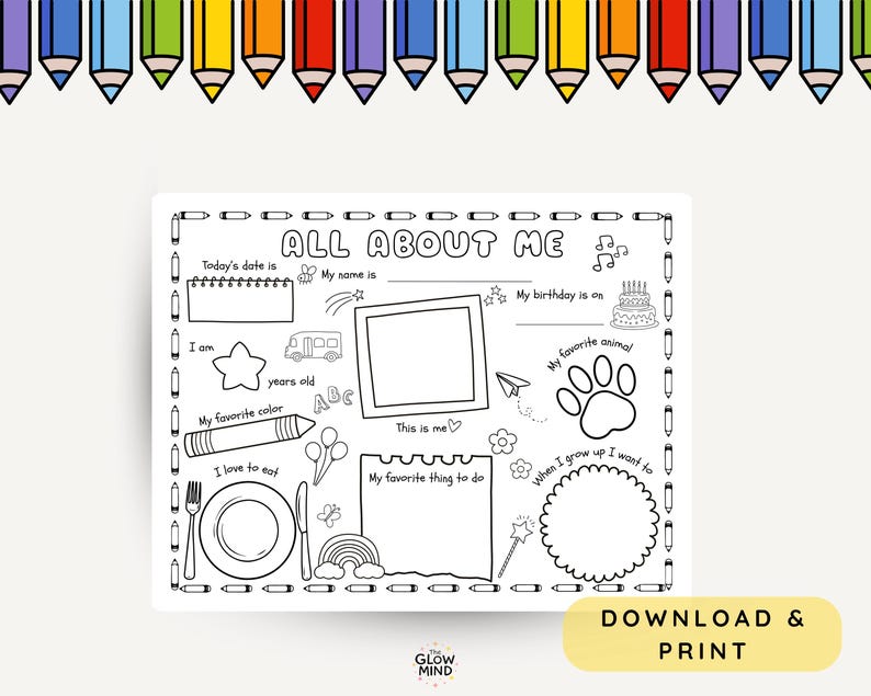 May include: Black and white printable "All About Me" worksheet with fill-in-the-blank sections for personal information. Includes space for a photo, favorite things, and a section that says "Download & Print". Colorful pencils are at the top.