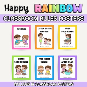 Carteles con las reglas del aula "Happy Rainbow" / Expectativas de comportamiento y gestión (Descarga digital)