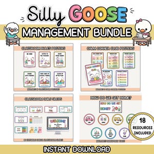 Könnte beinhalten: Ein digitales Klassenmanagement-Paket mit dem Titel Silly Goose Management Bundle mit Zeichentrick-Gänsen. Enthält Poster für Klassenregeln, Poster für die Ruhe-Ecke, tägliche Folien und Anhänger für den Rucksack.
