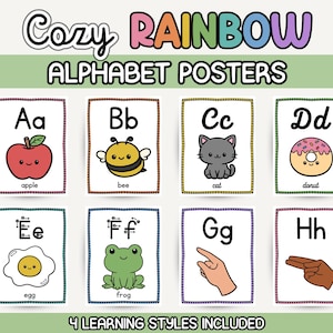 May include: A set of educational alphabet posters titled Cozy Rainbow Alphabet Posters with 4 Learning Styles Included. Each card features a letter, a corresponding illustration like an apple, bee, cat, donut, egg, or frog, and a word label.