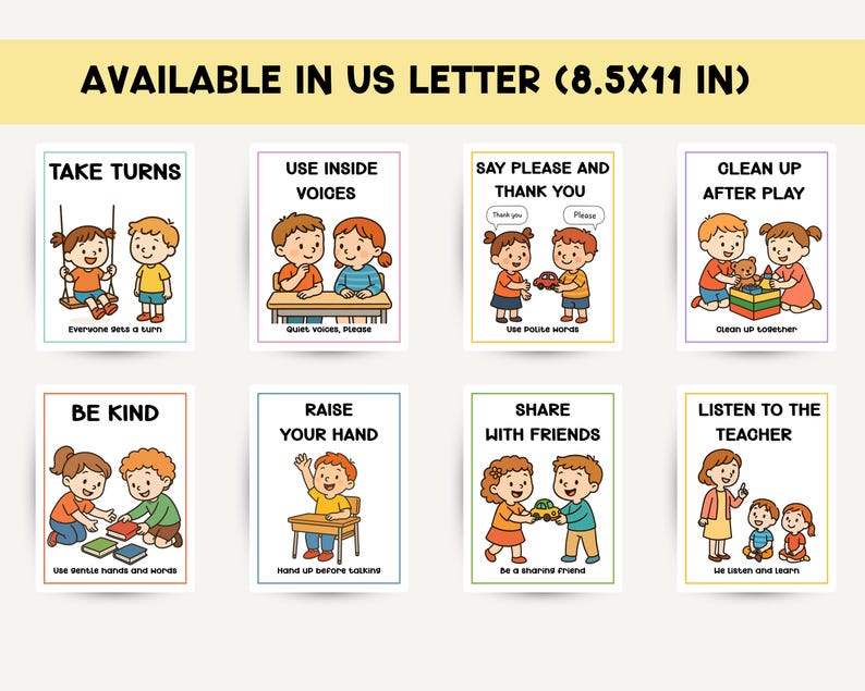 Puede incluir: Un conjunto de ocho carteles educativos con ilustraciones y texto. Cada cartel presenta una habilidad social diferente, como "Take Turns" y "Be Kind". Los carteles est&aacute;n dise&ntilde;ados para su uso en el aula o en casa y est&aacute;n disponibles en tama&ntilde;o US Letter (21,59 x 27,94 cm).