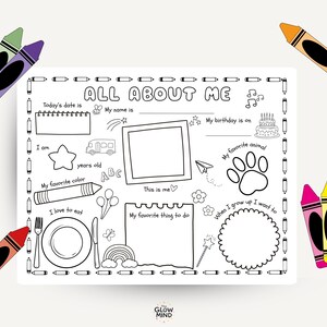 May include: A white "All About Me" placemat with fill-in-the-blank sections, surrounded by colorful crayons. Includes spaces for name, birthday, favorite things, and a photo. Perfect for kids to express themselves.
