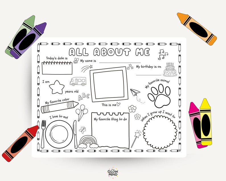 May include: A white "All About Me" placemat with fill-in-the-blank sections, surrounded by colorful crayons. Includes spaces for name, birthday, favorite things, and a photo. Perfect for kids to express themselves.
