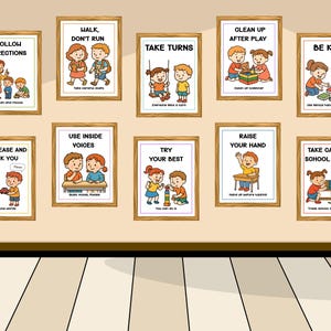 Puede incluir: Una colecci&oacute;n de carteles enmarcados con mensajes educativos para ni&ntilde;os. Los carteles presentan ilustraciones coloridas y texto como "Siga las instrucciones", "Turnos" y "Sea amable". Los marcos son de color marr&oacute;n c&aacute;lido y los carteles se exhiben en una pared beige.