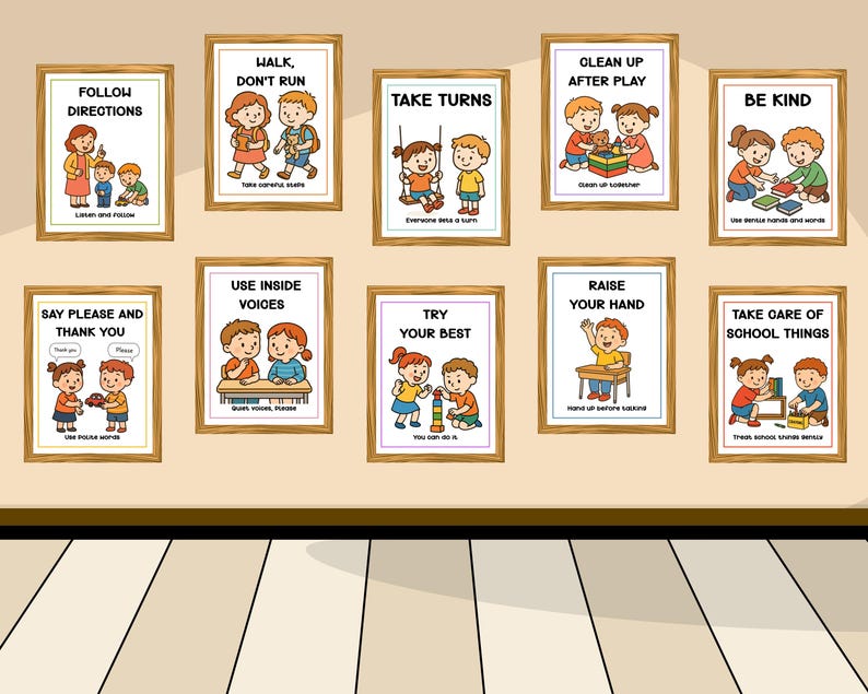 Puede incluir: Una colecci&oacute;n de carteles enmarcados con mensajes educativos para ni&ntilde;os. Los carteles presentan ilustraciones coloridas y texto como "Siga las instrucciones", "Turnos" y "Sea amable". Los marcos son de color marr&oacute;n c&aacute;lido y los carteles se exhiben en una pared beige.