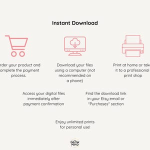 Puede incluir: Gr&aacute;fico beige claro con iconos y texto rosas. El texto dice "Descarga instant&aacute;nea" y proporciona instrucciones para pedir, descargar e imprimir archivos digitales. Incluye iconos de carrito de compras, computadora e impresora.
