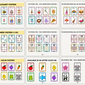 May include: A collection of educational posters featuring the alphabet, numbers, and colors. Each poster displays colorful illustrations of objects and animals. The posters are designed for teachers and parents. The text on the posters includes "Alphabet Posters", "Number Posters (1-20)", and "Color Posters".