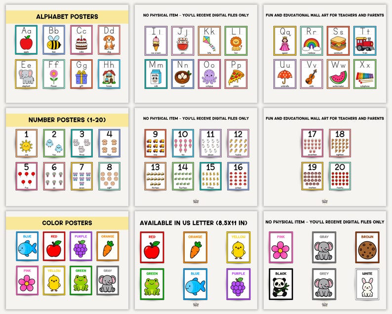 May include: A collection of educational posters featuring the alphabet, numbers, and colors. Each poster displays colorful illustrations of objects and animals. The posters are designed for teachers and parents. The text on the posters includes "Alphabet Posters", "Number Posters (1-20)", and "Color Posters".