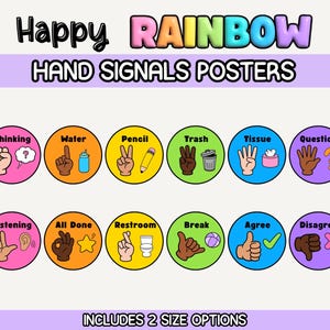 Może przedstawiać: Zestaw plakatów Happy RAINBOW HAND SIGNALS zawierający dwanaście okrągłych ikon z gestami dłoni i odpowiednimi etykietami, takimi jak Thinking, Water, Pencil, Trash, Tissue, Question, Listening, All Done, Restroom, Break, Agree oraz Disagree.
