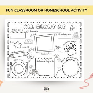 May include: Black and white "All About Me" activity sheet for classroom or homeschool use. Includes spaces to write about favorite things, draw a picture, and record personal information. Features a crayon graphic.