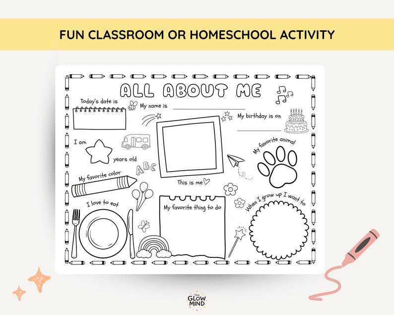 May include: Black and white "All About Me" activity sheet for classroom or homeschool use. Includes spaces to write about favorite things, draw a picture, and record personal information. Features a crayon graphic.