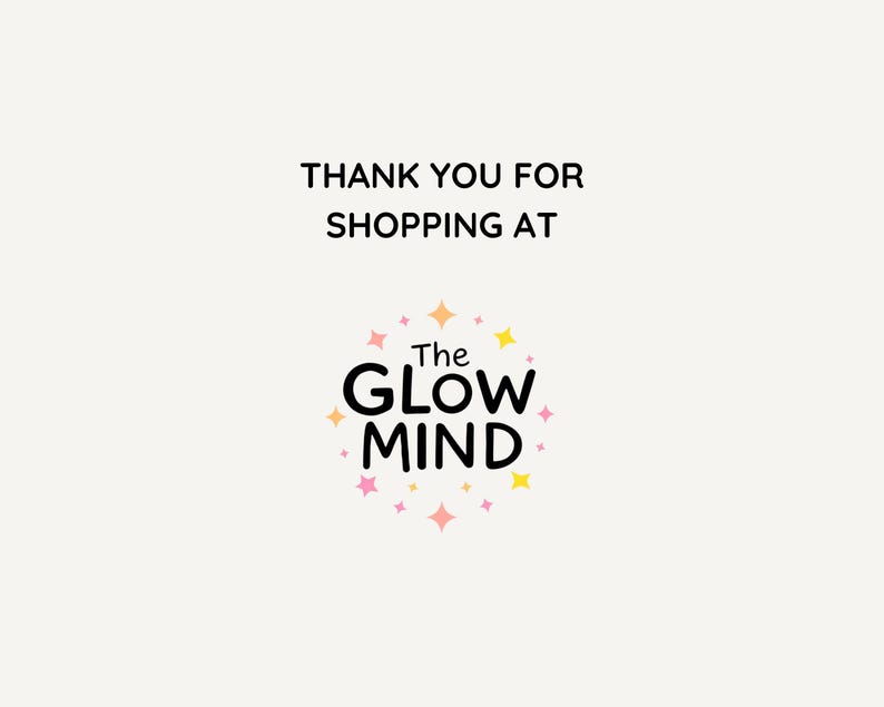 Puede incluir: La imagen presenta el texto "GRACIAS POR COMPRAR EN" encima de un logotipo. El logotipo es un c&iacute;rculo de estrellas rosas, amarillas y naranjas que rodean las palabras "The GLOW MIND" en negro.
