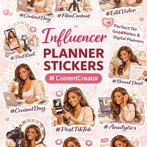 May include: Digital download of influencer planner stickers. The stickers feature illustrations of a woman with various social media and content creation tools, such as a laptop, camera, and phone. Includes hashtags like #ContentDay and #PostTikTok.