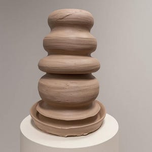 May include: A handcrafted, light brown ceramic sculpture with a stacked, organic form. The piece features a series of rounded, bulbous shapes, diminishing in size as they ascend. The base is a wide, shallow dish. The sculpture is displayed on a white pedestal.