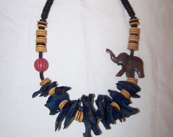 Vintage 1980s Chunky Wood Elephant and Circus Ball Necklace Wood Chips Carved Handmade Unusual Unique Stylish Fashion Womens Jewelry COUPON