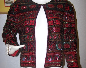 Vintage 80s Papelle Boutique Evening Sequin & Bead Jacket Bolero Size Medium Silk Red Black Gold Teal Fuchsia Womens Fashion Designer Formal