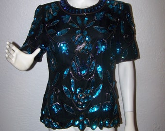 Stenay Sequin and Bead Floral Top Size Large Silk Flowers Leaves Black Turquise Silver Formal Holiday New Years Cocktail Party Shiny Sexy